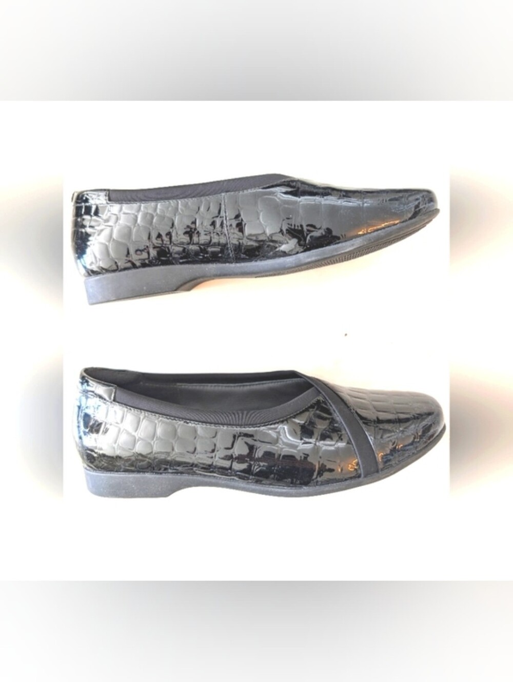 Black Leather Croc-Embossed Women's Flats